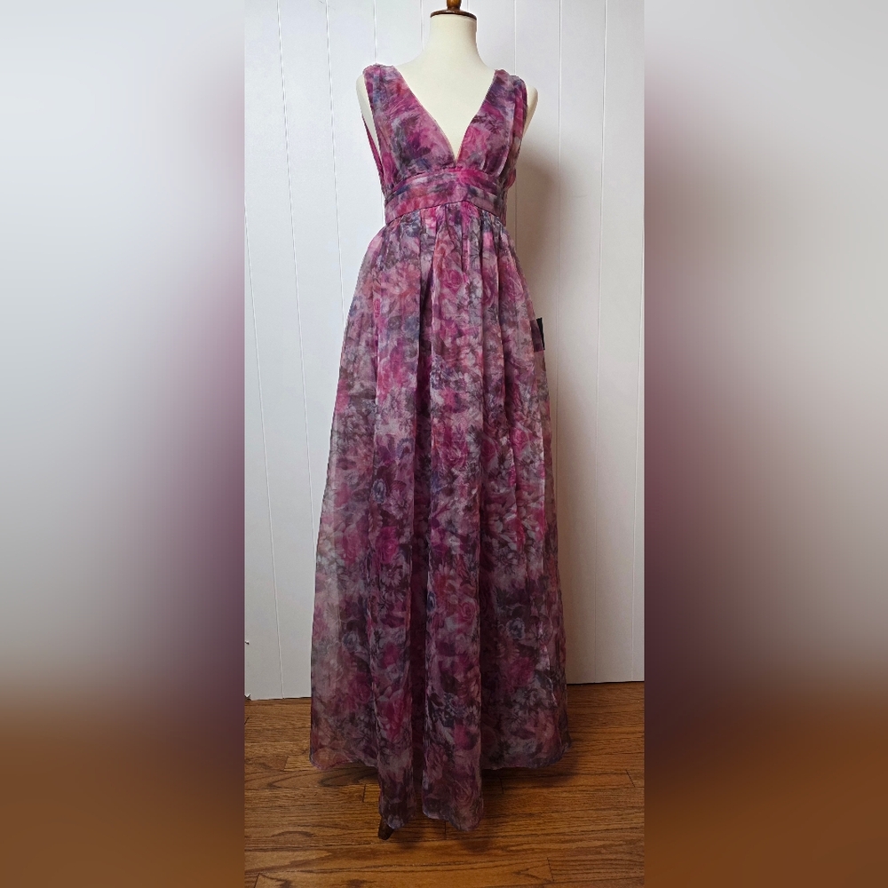 Lulus Garden Romance Magenta Floral Print Organza Maxi Dress With Side Slit M